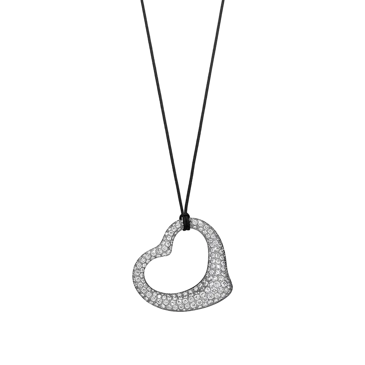 Open Heart Pendant in Platinum with PavÃ© Diamonds and Black Sil
